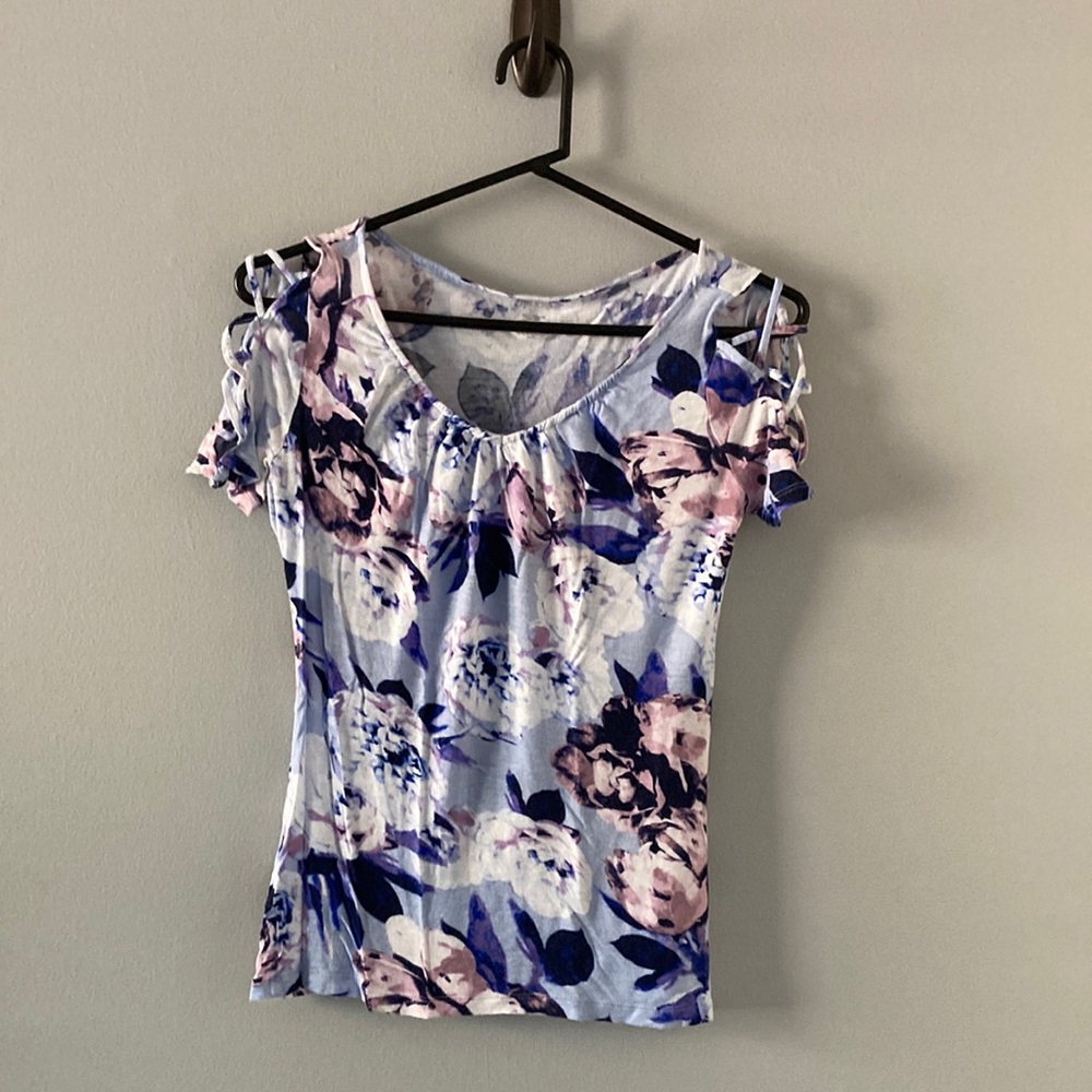 Artistic Blue and Purple Blouse with Ruched Neckline